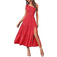 MEROKEETY Women's Summer One Shoulder Sleeveless Knot Smocked Midi Dress Split Tiered Flowy Dresses