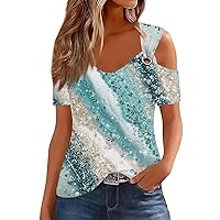 Cold Shoulder Tops for Women Vintage Print Sexy Fashion Casual with Short Sleeve Round Neck Tunic Shirts