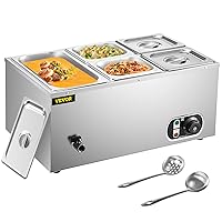 VEVOR Commercial Food Warmer, 5-Pan Stainless Steel Bain Marie, 1 x 1/3GN and 4 x 1/6GN, 13.7 Quart Capacity, 110V 1500W Steam Table 15 cm/6 inch Deep, Electric Soup Warmer with Lids & 2 Ladles