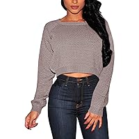 Pink Queen Women's Long Sleeve Cropped Sweater Top Round Neck Knit Pullover Chestnut S
