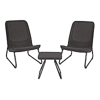 Keter Rio 3 Piece Resin Wicker Patio Furniture Set with Side Table and Outdoor Chairs, Dark Grey