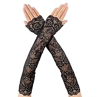 Women's Long Lace Fingerless Gloves Elbow Length Floral Lace Gloves Long Lace Floral Gloves 1980 Costume Accessories for Wedding Tea Party (Black)