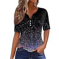Summer Tops for Women 2024 Short Sleeve V Neck Tops Tunic Plus Size Blouses Loose Fit Sequin Sparkly Print Shirts