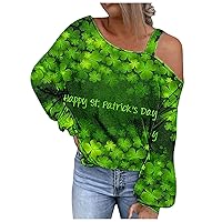 Womens St Patricks Day Shirt Long Sleeve Off The Shoulder Sexy Tops St. Patrick's Day Shamrock Print Casual Dressy Blouses