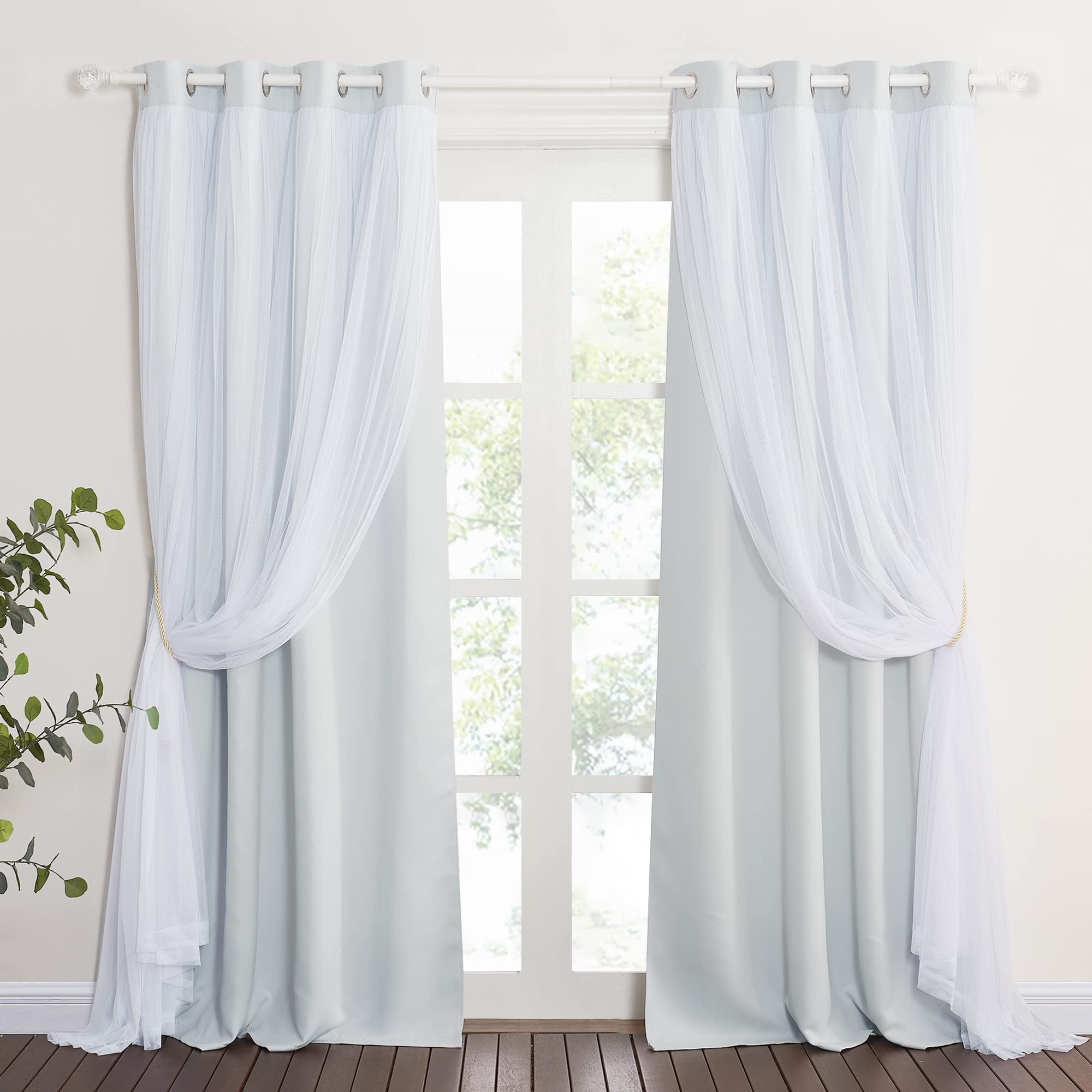 PONY DANCE White Blackout Curtains - Double Layer Curtains 84 Inches Long with Sheer Elegance Grommet Window Panels for Living Room with Extra Tie-...