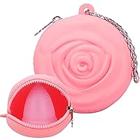 Menstrual Period Cup Case Storage Bag | Rose Design + Silicon Material | Easy to Carry, Clean, and use | Metal Chain Attached | Multi-use for Small Items (Cup not Included) Pink