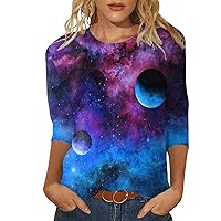 Fashion Graphic Tees for Women Crewneck Galaxy Tops Starry Sky Printed 3/4 Sleeve Blouse Slim Fit T Shirt Shirts
