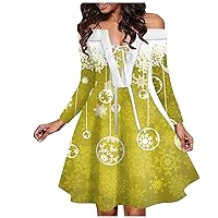 Women's Christmas Dresses 2023 Fashion Casual One Shoulder Retro Printed Plush Party Long Sleeved Dress, S-2XL