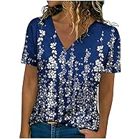Womens V Neck T Shirts Short Sleeve Casual Summer Tee Tops 3D Flower Print Blouse Plus Size Loose Fit Comfy Soft Tunics
