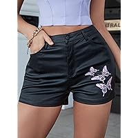 Shorts for Women Shorts Women's Shorts High Waist Pocket Butterfly Embroidery Leather Shorts Shorts (Color : Black, Size : Medium)