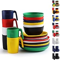 Berglander Plastic Dinnerware Sets 24pcs Service for 6, Reusable Plates and Bowls Sets, Dish Set Include Dinner Plates, Dessert Plate, Cereal Bowls, Cups for Home, Garden, Picnic, Camping