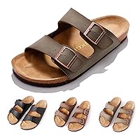 Mens Cork Sandals,Adjustable Buckle Leather Non-Slip Slippers Women's Flat Slide Cork Footbed Sandals Unisex Shoes, Arch Support