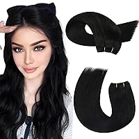 Moresoo Weft Hair Extensions Jet Black Human Hair Weft Extensions Black Sew in Hair Extensions Real Human Hair Double Weft 14Inch 100G