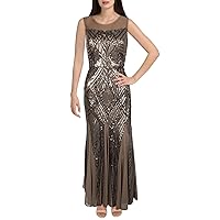 Womens Brown Stretch Sequined Zippered Mesh Lined Sleeveless Round Neck Maxi Evening Gown Dress Petites 4P