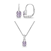 B. BRILLIANT Sterling Silver Amethyst Oval Bezel-Set Dainty Leverback Earrings and Pendant Necklace