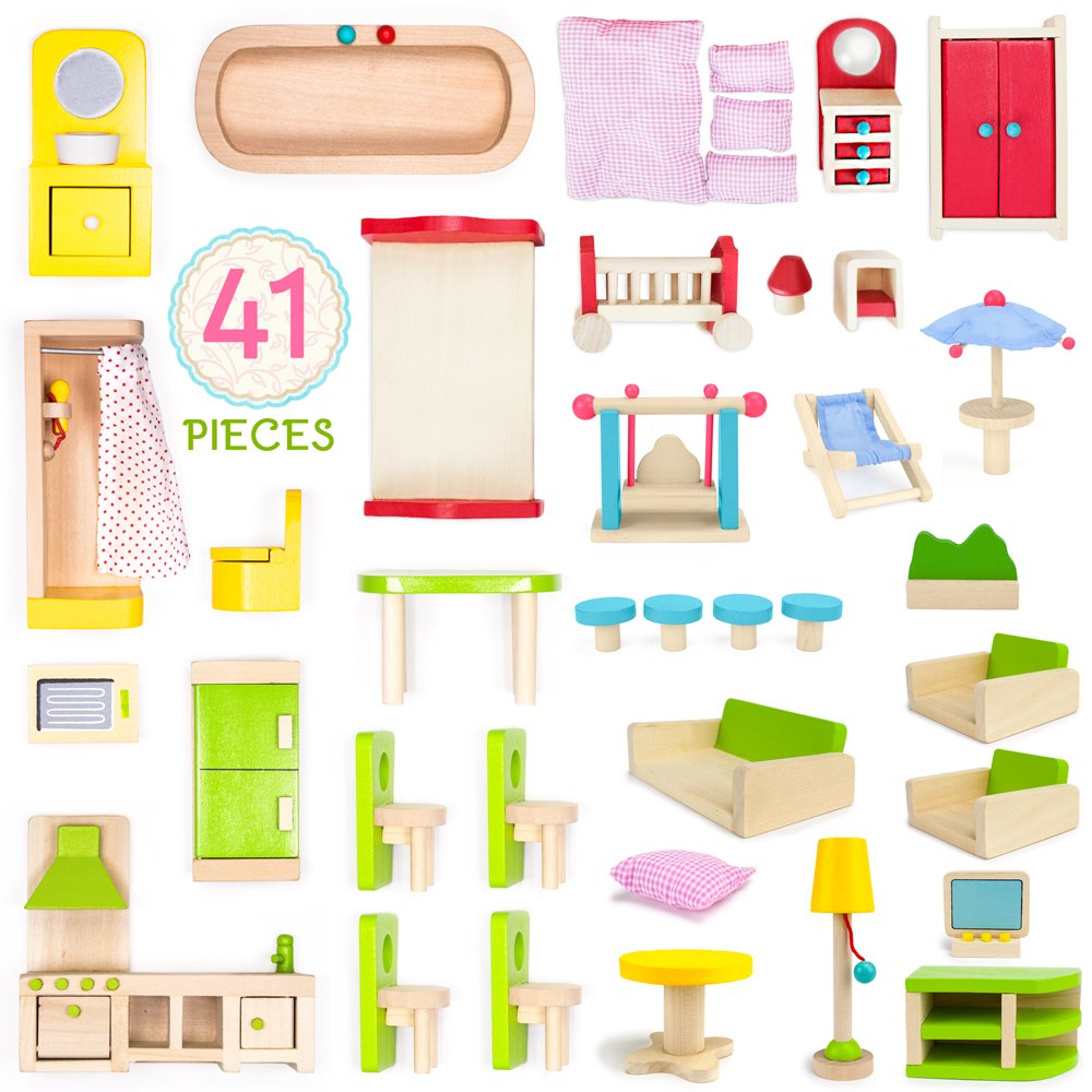 Wooden Dollhouse Furniture|Made of Safe Wood and Bright Water-Based Paint|Compatible with Most Doll Houses|41 Pc Bundle