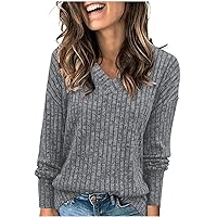Women's Sweatshirts V Neck Long Sleeve Shirts Loose Casual Fall Fashion Sweaters Trendy Tunic Tops Rib Knit Tshirts