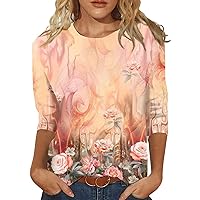 3/4 Sleeve T Shirts for Women Vintage Floral Print Loose Fit Tops Three Quarter Sleeve Round Neck Blouses Pullover
