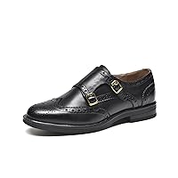 BEAU TODAY Women's Leather Loafers, Monk Strap Womens Oxfords, Comfort Office Business Ladies Casual Shoes, Double Buckles Deign, Brogue Wingtip Slip-on