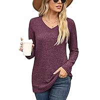 PrinStory Women's Tunic Top Soft Lightweight Long Sleeve V Neck Solid Blouse With Leggings Rose Red XL