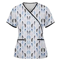 Scrub Tops Women Print Patterned Mock Neck Short Sleeve Tshirt Classic Short Sleeve Workout Shirts for Women