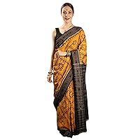 Amber-Yellow Pure Cotton Ikat Handloom Saree from Sambhalpur - Pure Cotton