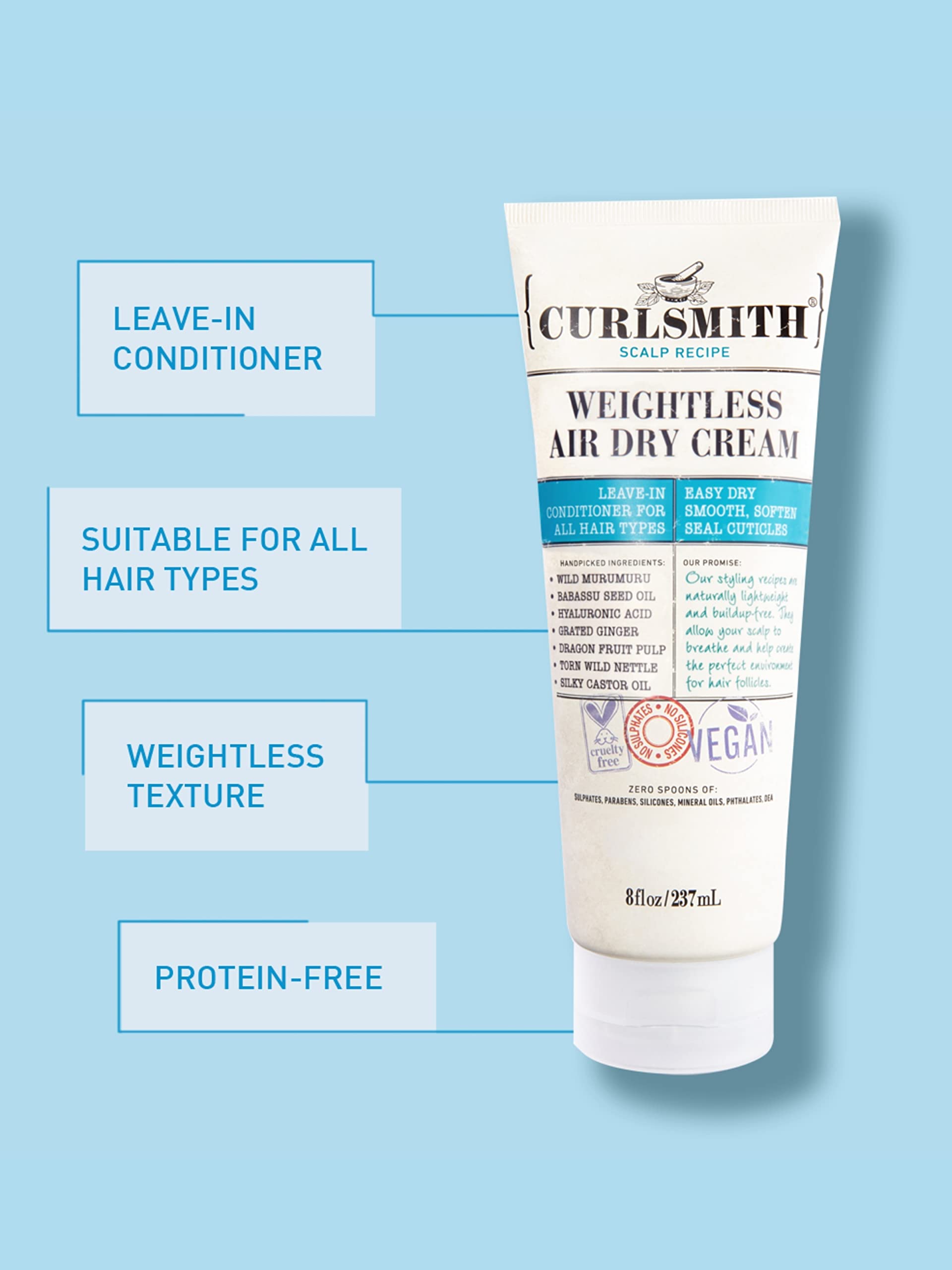 CURLSMITH - Weightless Air Dry Cream - Vegan Leave-In Conditioner for Any Hair Type, Smooths Hair (8 fl oz)