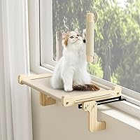 Cat Window Perch with Scratching Post, Sturdy Cat Window Hammock Bed Seat with Solid Wood & Metal Frame, Cat Perch for Windowsill, Bedside, Drawer and Cabinet, 2 Replace Mats