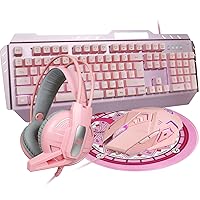 Pink 4-in-1 Gaming Keyboard Mouse Headset Combo, White Led Backlit 104 Keys Ergonomic Gamer Keyboard+4800DPI Adjust Optical Game Mouse+3.5mm Gaming Stereo Headset