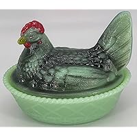 Covered Chicken Dish - Glass 2 Piece Hen on Nest Base - Westmoreland Glass mould - USA (Jade w/Black)