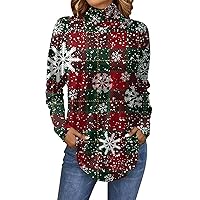 Women's Christmas Blouses Fashion Loose High Neck Printed Long Sleeve T-Shirt Casual Tops Pullover Shirts, S-3XL