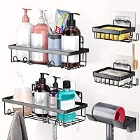 Shower Caddy 5 Pack Shelf with Hooks Storage Rack Organizer, Stainless Steel Adhesive Caddy Shelves No Drilling with Hairdryer Holder Soap for Bathroom, Restroom, Kitchen (Matte Black)