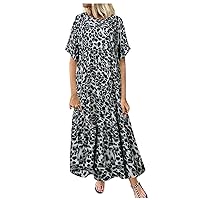 Women's Beach Dress Casual Loose-Fitting Summer Short Sleeve Long Flowy Print Swing Round Neck Trendy Glamorous