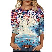 Womens 3/4 Length Sleeve T Shirt Loose Fit Plus Size Crewneck Tops Casual Tees Fashion Summer Flower Graphic Blouses