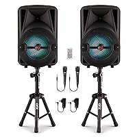 QFX Rechargeable Portable Bluetooth Stereo PA System with 8 Inch Woofer Speakers, 1 Inch Tweeter, and Accessories for Parties and Karaoke, Black