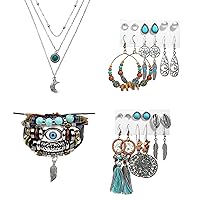 Aroncent 26 Pieces Jewellery Set for Women Girls Vintage Bohemian Earrings with Circles Tassels Water Drops Leaves Turquoise, Sun Moon Necklace, Cord Bracelet (12 Pairs of Earrings + 1 Necklace + 1