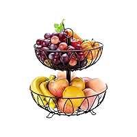 Fruit Stand Vegetables Basket Counter Top Fruit Basket Bowl Storage for Kitchen Home Metal Cast Iron (2 Tier-Black)