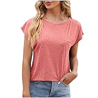 Summer Tops for Women 2024 Casual Cap Short Sleeve Basic T-Shirts Crewneck Fitted Solid Color Tee Blouse with Pocket