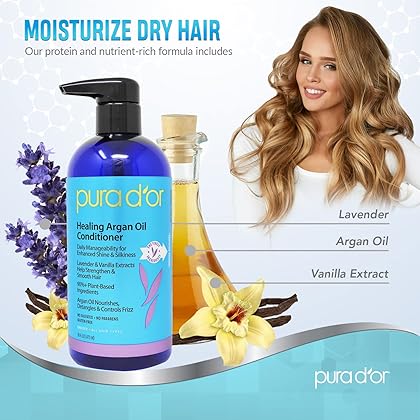 PURA D'OR Healing Argan Oil Conditioner (16oz) For Dry, Damaged, Frizzy Hair, w/Aloe Vera, Lavender, Vanilla, Coconut, Retinol & Vitamin E, Sulfate No, All Hair Types, Men Women (Packaging may vary)