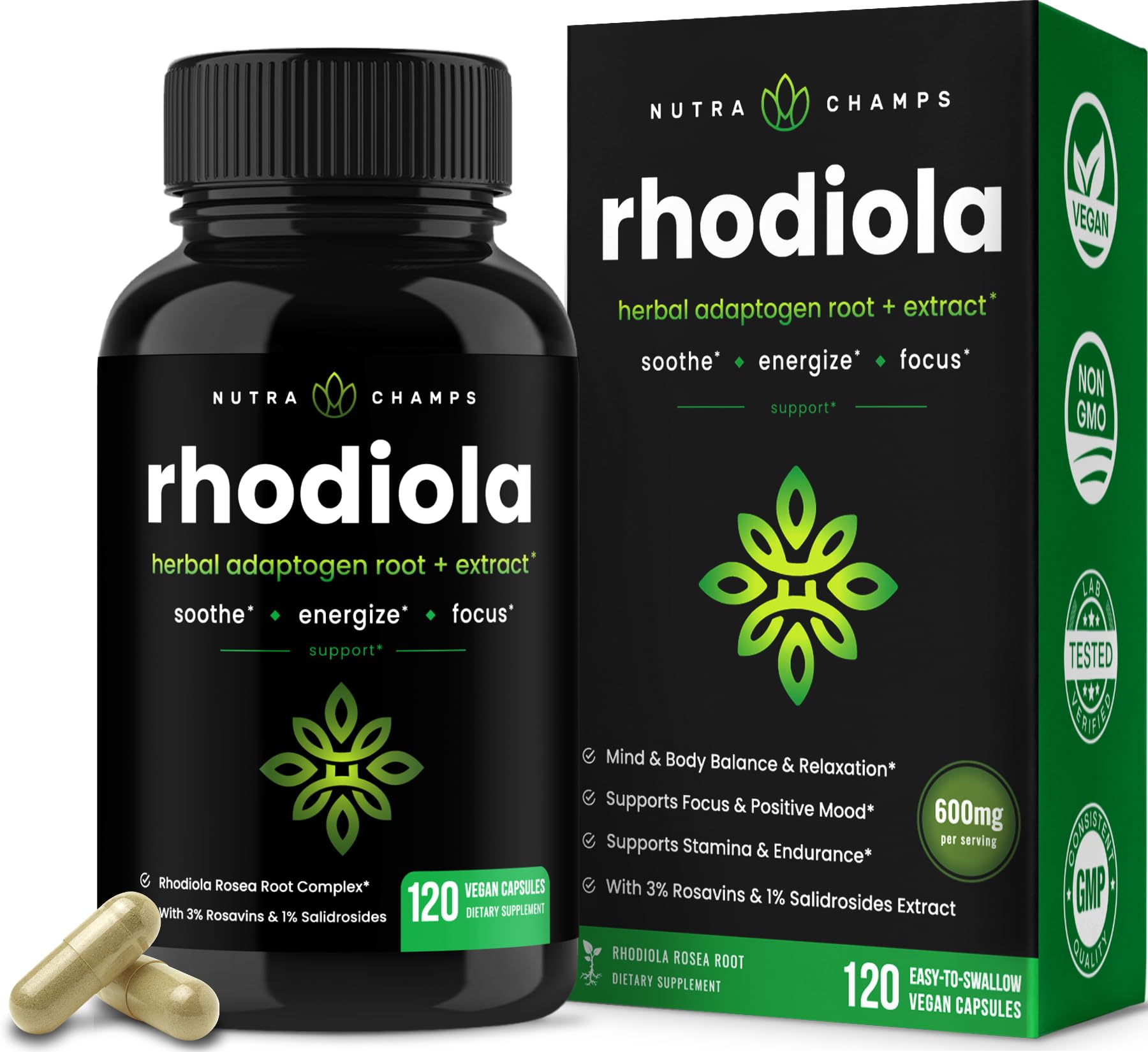 NutraChamps Rhodiola Rosea Capsules [120] Rosavin Plus Salidrosides | Rhodiola Rosea Extract Supplement | 300mg Vegan Pills | Rhodiola for Energy, Stress Relief, Mood Support and Focus