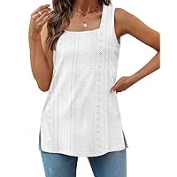 Bliwov Womens Tank Tops 2024 Fashion Eyelet Embroidery Square Neck Loose Fit Summer Flowy Clothes Casual Sleeveless Shirts