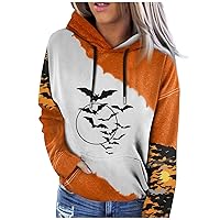 Womens Halloween Clothes Funny Graphic Hooded Pullover Casual Color Block Bat Print Hoodie Long Sleeve Sweatshirts