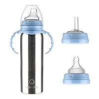 3-in-1 Stainless Steel Sippy Cups for Toddlers | Non-Toxic Insulated Stainless Steel Baby Bottle | Straw Cup with Removeable Handles | Plastic Free Liquid Transfer (8 oz, Blue)