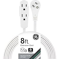 GE 3-Outlet Flat Extension Cord 8 Ft Grounded Extension Cord with Multiple Outlets 3 Prong Outlet Extender Flat Plug Power Strip Indoor Extension Cord 16 Gauge UL Listed White 50251