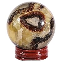 TUMBEELLUWA Natural Crystal Sphere with Wooden Stand Septarian Dragon Stone Feng Shui Display for Witchcraft Divination Decoration, 2.01-2.36