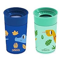 Dr. Brown's Milestones Cheers 360 Cup Spoutless Transition Cup, Travel Friendly & Leak-Free Sippy Cup, Blue Alligator – Turquoise Snake, 10 oz/300 mL, 2 Pack