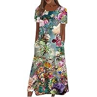 Womens Short Sleeve Maxi Dresses Floral Pleated Ruffle A Line Long Dress with Pockets