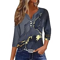 Womens Summer Tops Fashion 2024 Henley Neck Print Shirts Casual Button Down Three Quarter Length Sleeve Blouses