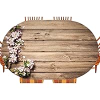 Rustic Oval Elastic Fitted Tablecloth, Spring Flowering Tree Branch on Weathered Wooden Blooming Orchard Image, for Kitchen Dinning Tabletop Decoration Outdoor Picnic, Fits 42