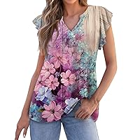 Summer Top Ladies Cocktail Fashion Short Sleeve Oversize Tee Stretch Cotton Print Fit V Neck Ruffle T Shirts Women Pink
